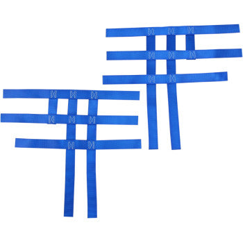 Two blue Honda-Yamaha Nerf Bar Nets by Motorsport Products made from nylon replacement webbing with a grid of horizontal and vertical straps are shown side by side on a white background. Ideal for Nerf Bars or EZ-Fit Nerf Bars.