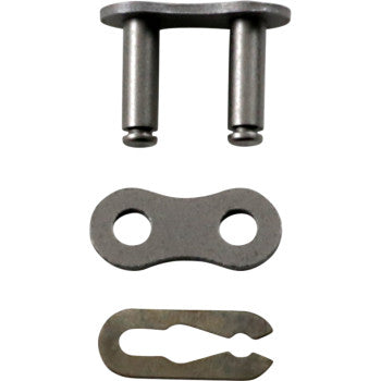 The 428 Drive Chain Clip Connecting Link by Parts Unlimited, made in Taiwan, features a two-pin connector, a flat link plate with two holes, and a curved retaining clip, all arranged vertically on a white background.