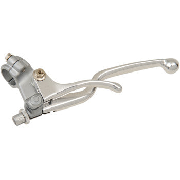 Universal Fit Easy Adjust Clutch Perch and Lever 4 Stroke by Tmv: A metallic, curved OE-style replacement lever with perch, adjustment screw, and secondary lever for added functionality. Designed for universal applications.