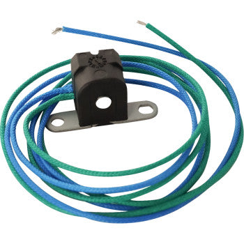 The Trigger Coil by Moose Offroad is a black electrical component with a metal mounting bracket and two coiled, stripped-end wires—one blue, one green—designed for reliable performance.
