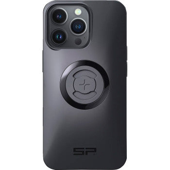 The SPC+ Phone Case iPhone® 13 Pro by Sp Connect is a black case with a circular magnetic mount for easy magnetic attachment and wireless charging, featuring three camera lens cutouts and the SP logo at the bottom.