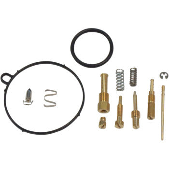 The Polaris Carburetor Repair Kit by Shindy includes float valves, O-rings, springs, screws, jets, and needles, all displayed on a white background.