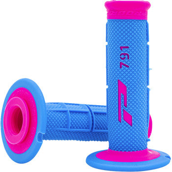 Fuchsia and light blue textured triple density handlebar grips with raised patterns and "791" branding.