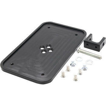 The Accessory Mount License Plate by Sdi, featuring a black rectangular plate with four central holes, an L-shaped bracket, bolt, washers, nuts, and screws for modular mounting, is displayed on a white background.