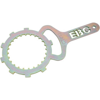 The Suzuki DR Z 250 Clutch Basket Holding Tool by EBC features a circular, toothed ring and handle—perfect for clutch removal or loosening clutch retainer bolts on motorcycle clutches.