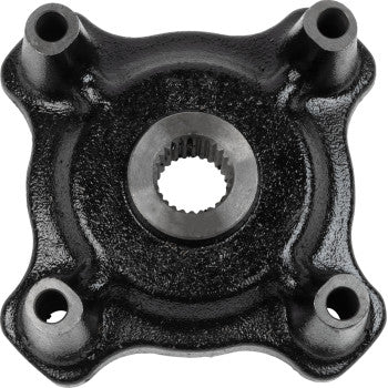 The Can Am Wheel Hub Front & Rear by Moose Offroad is a black metal, square-shaped hub with four corner mounting holes and a central splined hole—perfect as an OEM or replacement hub for vehicles or machinery.