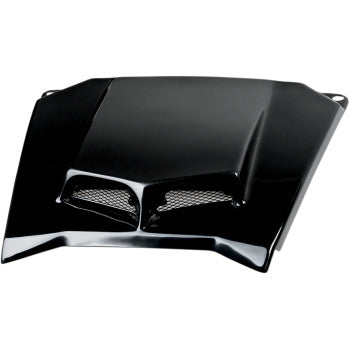 The Hood Black Scooped by Maier features a glossy, OE color-matched finish with dual raised vents and mesh inserts, crafted from high-density polyethylene for improved engine cooling and a sporty look.