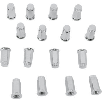 Sixteen Lug Nuts Flat Chrome 3/8" 24 by Itp are arranged in four uneven rows on a white background, ideal for alloy wheels.