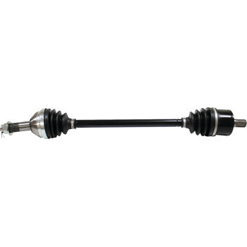 Black metal axle shaft with rubber protective boots on both ends and silver metal joints for offroad UTV use.