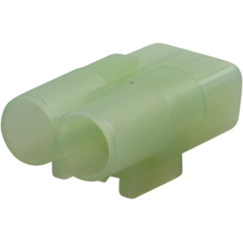 The HM Series Connector 2 Position Female by Namz features translucent pale green plastic, two round openings, and a rectangular base—perfect for custom electrical applications.