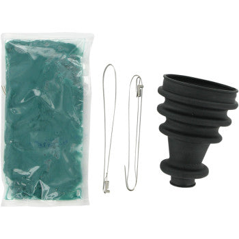 The Polaris CV Boot Kit Front Outboard by Epi includes a sealed molybdenum disulfide grease pouch, two metal clamps, and a black rubber CV boot—perfect for axle applications—all displayed on a white background.