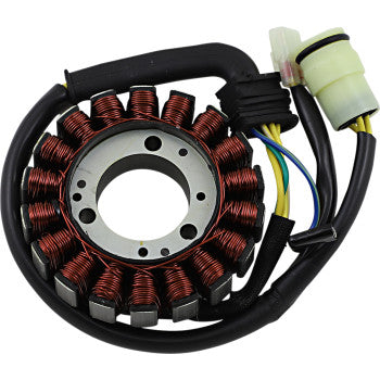 Circular stator coil with copper windings and attached black wiring harness and white plastic connector.