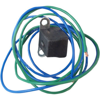 Black rectangular ignition coil with metal mounting bracket and blue and green insulated wires coiled around it.