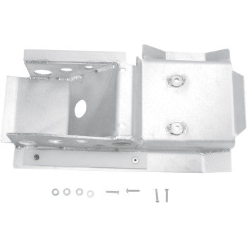The Yamaha YFZ Swingarm Skid Plate by Dg Performance, a silver metal mount ideal for sprocket guard or swingarm protection, features multiple holes and is shown with bolts, washers, and screws arranged below it on a white background.