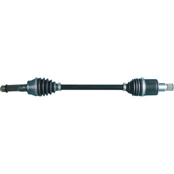 The Polaris RZR CV Axle Kit Complete Rear Left & Right Heavy Duty by Moose Offroad features black drive shafts with rubber boots and metal connectors on both ends, shown against a white background.