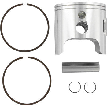 The Polaris ATV Piston Kit 83.00 mm by Wiseco is displayed, featuring a silver forged high-silicon aluminum piston, two piston rings, a cylindrical wrist pin, and two circlips arranged neatly on a white background.