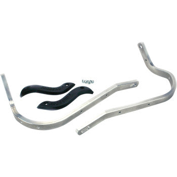 Two curved metal brackets, two black plastic bumpers, and a small set of screws are arranged on a white background—this Probend™ Replacement Bar Set Bump by Moose Offroad is proudly made in the USA.