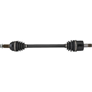 Black metal rear left axle shaft with rubber protective boots on both ends for Honda Pioneer 1000 UTV.