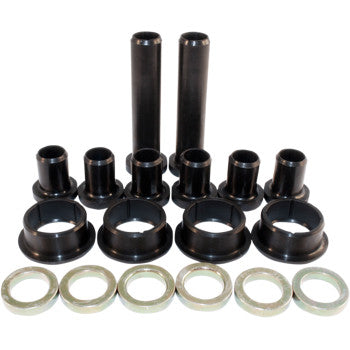 The Rear Swingarm Bushing Kit by Epi includes OEM-quality black cylindrical bushings, sleeves, and metal washers, all neatly arranged for a complete and organized set of essential parts.