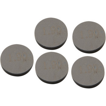 Five precision-machined Prox Valve Shims (9.48 mm x 1.90 mm), made of gray metal and each labeled 1.90, are arranged in a loose cluster on a white background. Sold as a 5 pack.