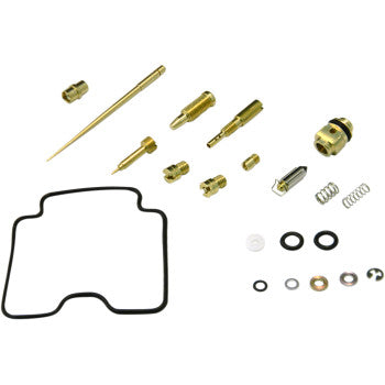 The Yamaha Carburetor Repair Kit by Shindy includes main and pilot jets, float valves, a needle, small springs, washers, O-rings, and a black rubber gasket, all displayed on a white background.