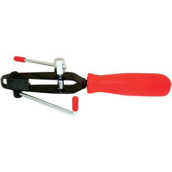 The Banding Tool CV Boot by Epi features a red plastic handle, black metal body, and two silver levers, making it perfect for removing or installing hose clamps in automotive or mechanical work.