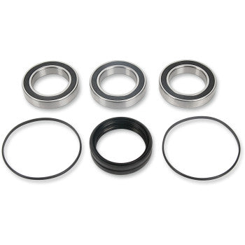 The Honda TRX Wheel Bearing Kit Rear by Pivot Works is shown with three double-sealed ball bearings in the top row and three black rubber or plastic seals below, all arranged on a white background.