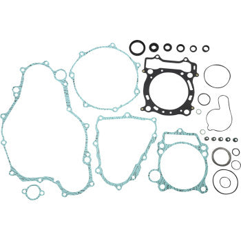 Complete Yamaha gasket kit with various green and black rubber and fiber gaskets of different shapes and sizes.