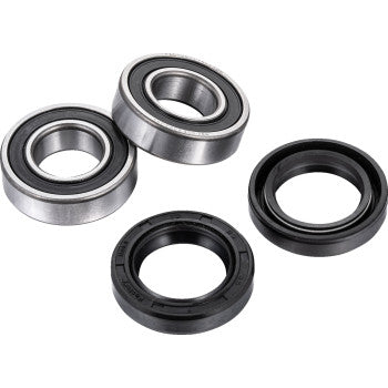 The Honda TRX Wheel Bearing Kit Front Left & Right by Factory Links includes two silver metal off-road ball bearings and two black nitrile butadiene rubber oil seals, arranged on a white background.
