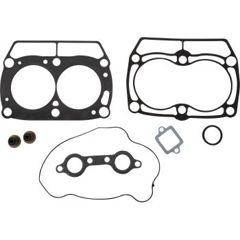 The Polaris Top End Gasket Kit by Moose Offroad includes five black rubber and metal engine gaskets of assorted shapes and sizes, plus two small cylindrical parts, all displayed on a white background.