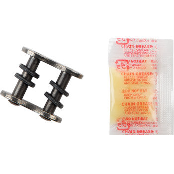 The 530 Max X Connecting Link Rivet Nickel by Rk, with two pins and rubber rings, is displayed beside a small clear packet of chain grease featuring red text warnings.