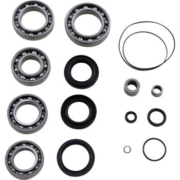 The Honda Differential Bearing Seal Kit Front by Moose Offroad includes EMQ quality bearings, rubber seals, and O-rings in various sizes, all neatly organized in rows and columns on a white background.