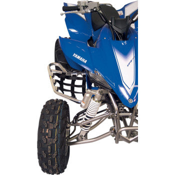 Close-up of Yamaha Warrior Nerf Bars Silver by Motorsport Products installed on a blue Yamaha ATV, highlighting the wheel, suspension with clamp brackets, handlebars, and body—engineered to comply with ATVA rules.