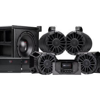 The Polaris Ranger Audio Kit by Mb Quart includes a Bluetooth source unit, 10 subwoofer, four black marine speakers with HDPE panels, an amplifier, and a digital receiver—displayed on a white background.