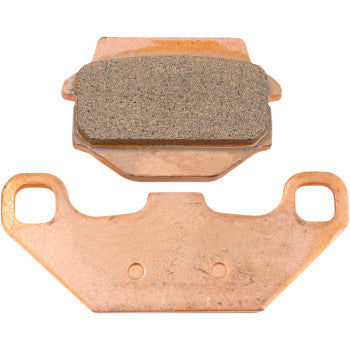 Two copper-colored Sintered "R" Brake Pads by Ebc are shown: one reveals the textured friction surface, while the other displays the flat backing plate with two mounting holes for reliable braking performance.