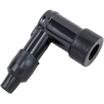 The Plug Cap Each by Parts Unlimited is a black, right-angle universal spark plug connector for 14 mm plugs with an ignition wire end—ideal as a replacement for LB05FP.