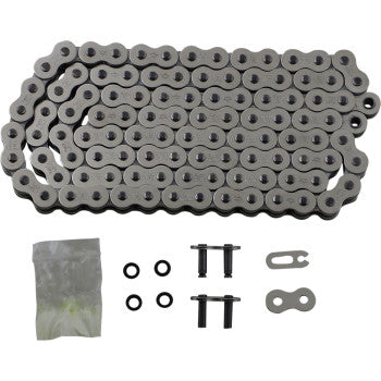 The 520 X1R3 Chain Nickel 110 Link by JT Chains, a high-quality silver motorcycle chain, is coiled beside connecting links, O-rings, and a small plastic bag of extra parts, all neatly arranged on a white background.