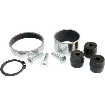 The Secondary Clutch Rebuild Kit by Epi includes two metal rings, two black cylindrical spacers, two black bushings, three screws, and a black snap ring—shown arranged on a white background.
