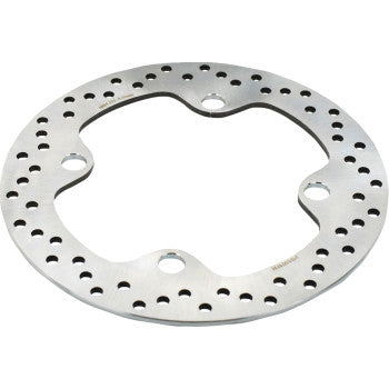 The Polaris Front & Rear Rotor by Moose Offroad is a round, silver high-carbon stainless steel brake disc with a wavy edge, multiple small and four large mounting holes, and a smooth surface for superior braking performance.