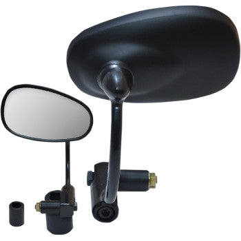 Oval black motorcycle mirror with a curved arm and 7/8-inch bar end mount.