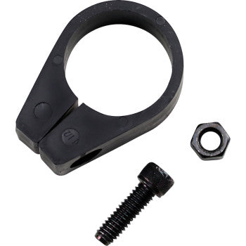 The Jagg Oil Coolers Frame Clamp - Black - 1-1/2 includes a black plastic clamp with circular opening, matching screw, and hex nut—perfect for securing an oil cooler mount. Shown on a white background.