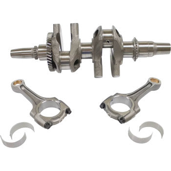 The Polaris Crankshaft Assembly OEM Stroke by Hot Rods, with integrated gear and precise webs, is shown above Hot Rods connecting rods and four bearing shells, all arranged on a white background.