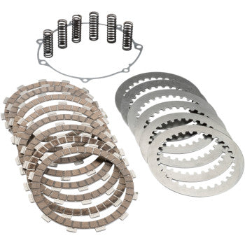 The Clutch Kit by Moose Offroad includes friction plates, steel plates, springs, and a gasket—compatible with OEM and aftermarket motorcycle clutches—shown neatly arranged on a white background.
