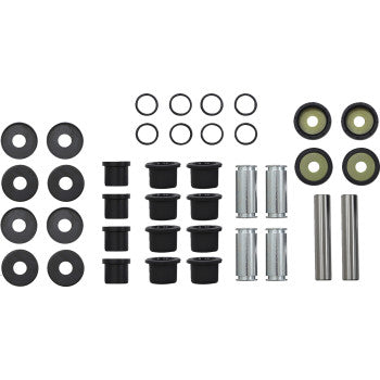 The Suspension Kit Rear by Moose Offroad, pictured from above on a white background, features assorted small mechanical parts in rows, including black rubber washers, bushings, bearings, metal spacers, and cylindrical rods.