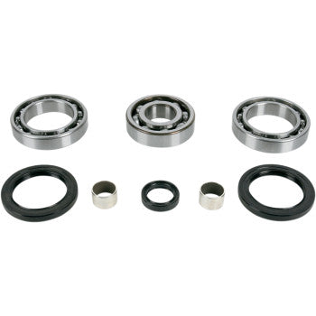 The Polaris Differential Bearing Seal Kit Rear by Moose Offroad includes high-speed EMQ bearings, two cylindrical bushings, three TC rubber seals, and a small central ring—all organized neatly on a white background.