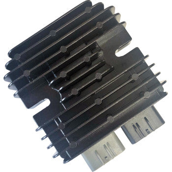 Black rectangular metal regulator/rectifier with multiple cooling fins and two gray electrical connectors at the base.