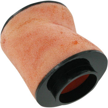 The Honda Pre Oiled Air Filter by No Toil features a cylindrical foam design with an orange body and black plastic ends, displayed at an angle on a white background. Built for enhanced durability and superior performance with strong foam.