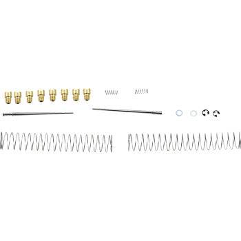The Yamaha Jet Kit Stage 2 by Dynojet includes metal springs, brass nozzles, washers, clips, and rods—arranged on a white background—ideal for fully adjustable performance in your stage 2 build.