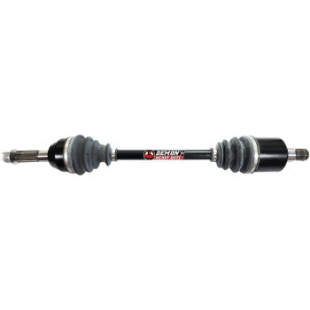 Heavy-duty black metal front axle with rubber protective boots on each end and Demon logo label.