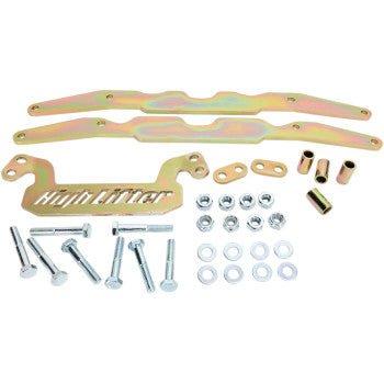 The High Lifter Lift Kit Front Back 2.00 includes two gold brackets, bolts, washers, nuts, and spacers—ideal for boosting ATV clearance and pairing with big wheel kits. Arranged on a white background.